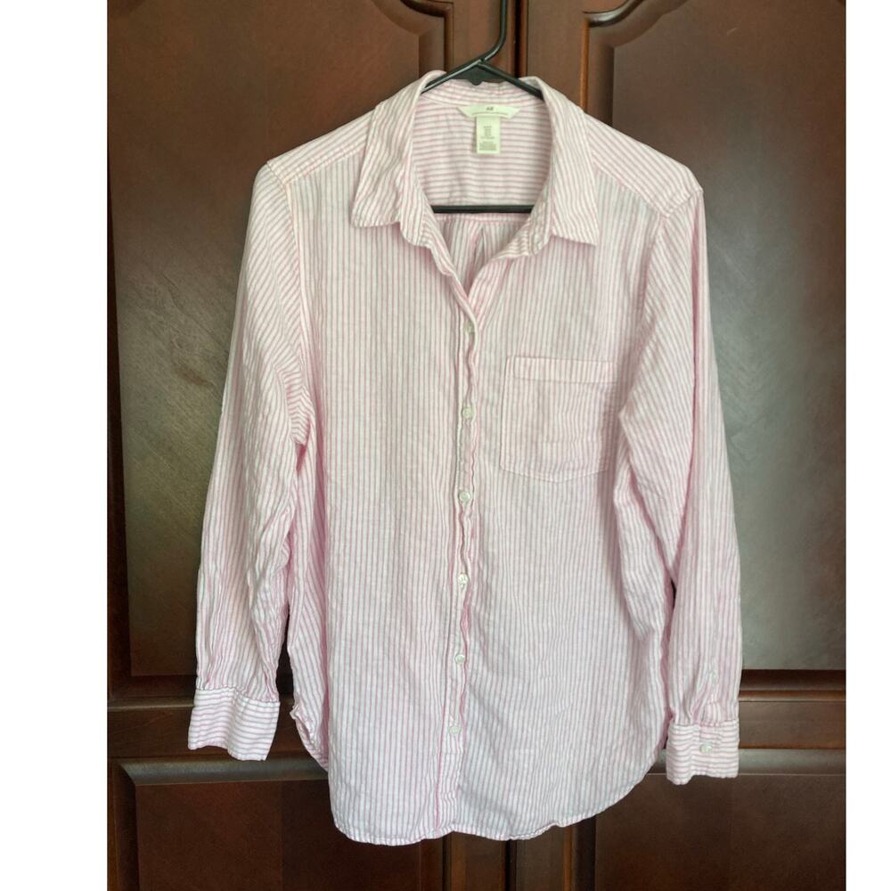 H&M - Coastal Effortless Chic Linen Blend Pink White Striped Button Down - M
